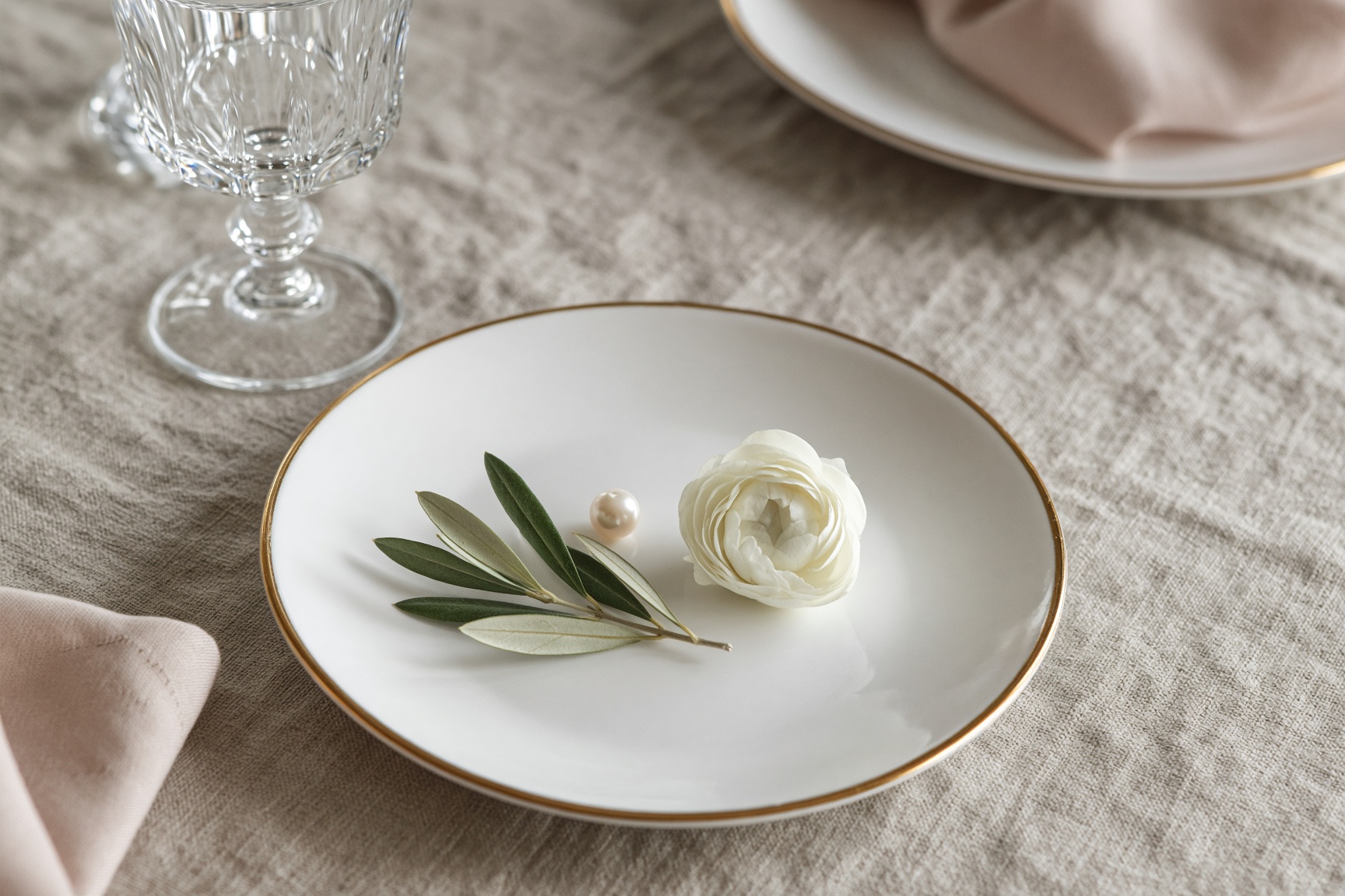 A place setting with linen, brass and a single pearl