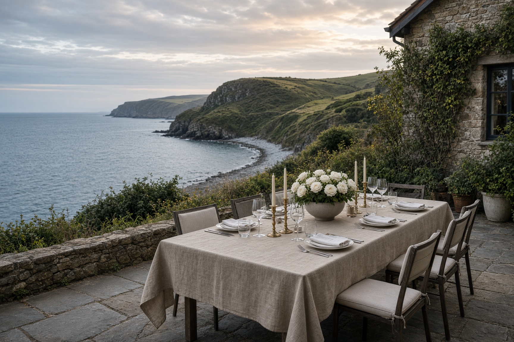 The terrace set for dinner, looking over the bay